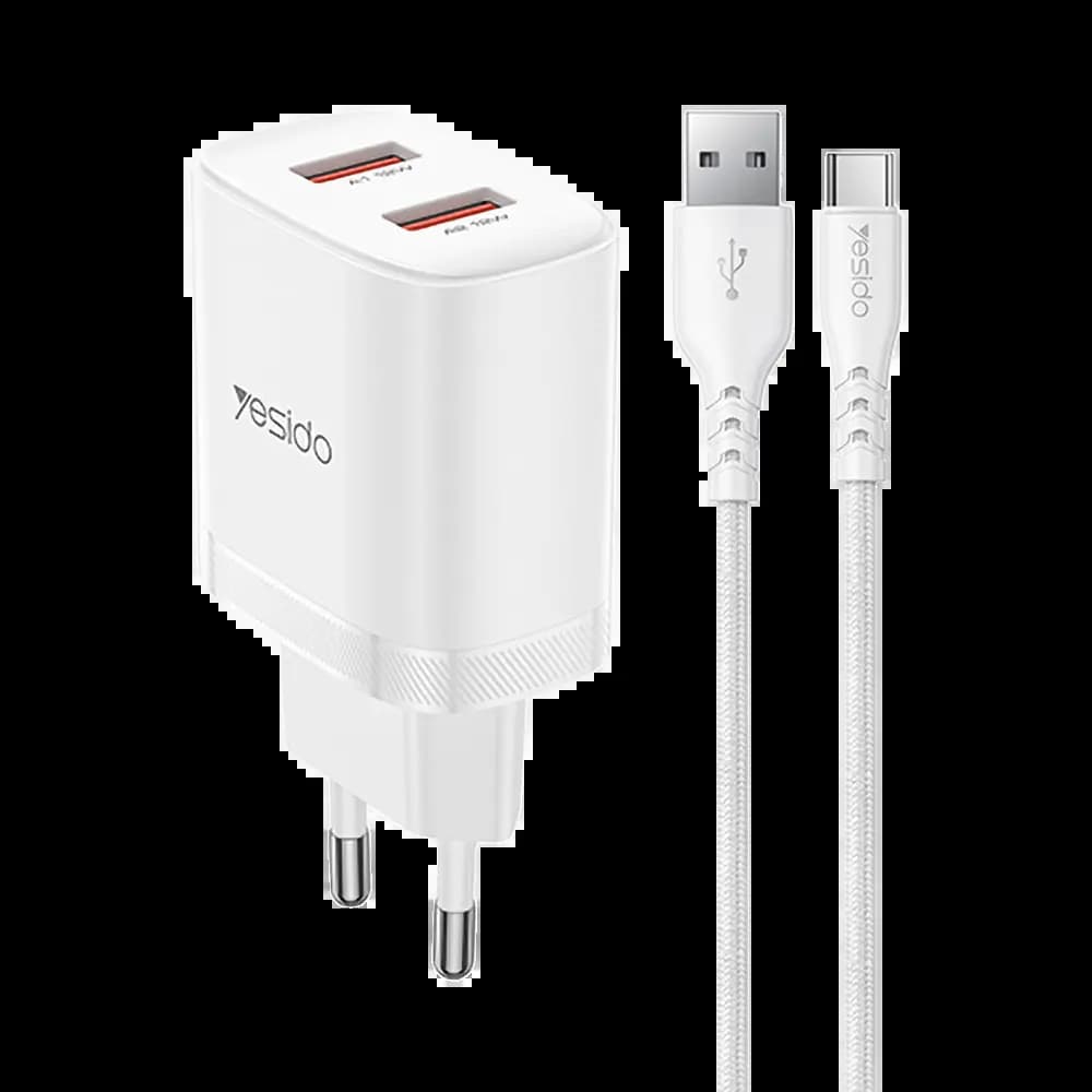 Chargeur secteur Yesido 12W avec double port USB-A et câble inclus - Blanc