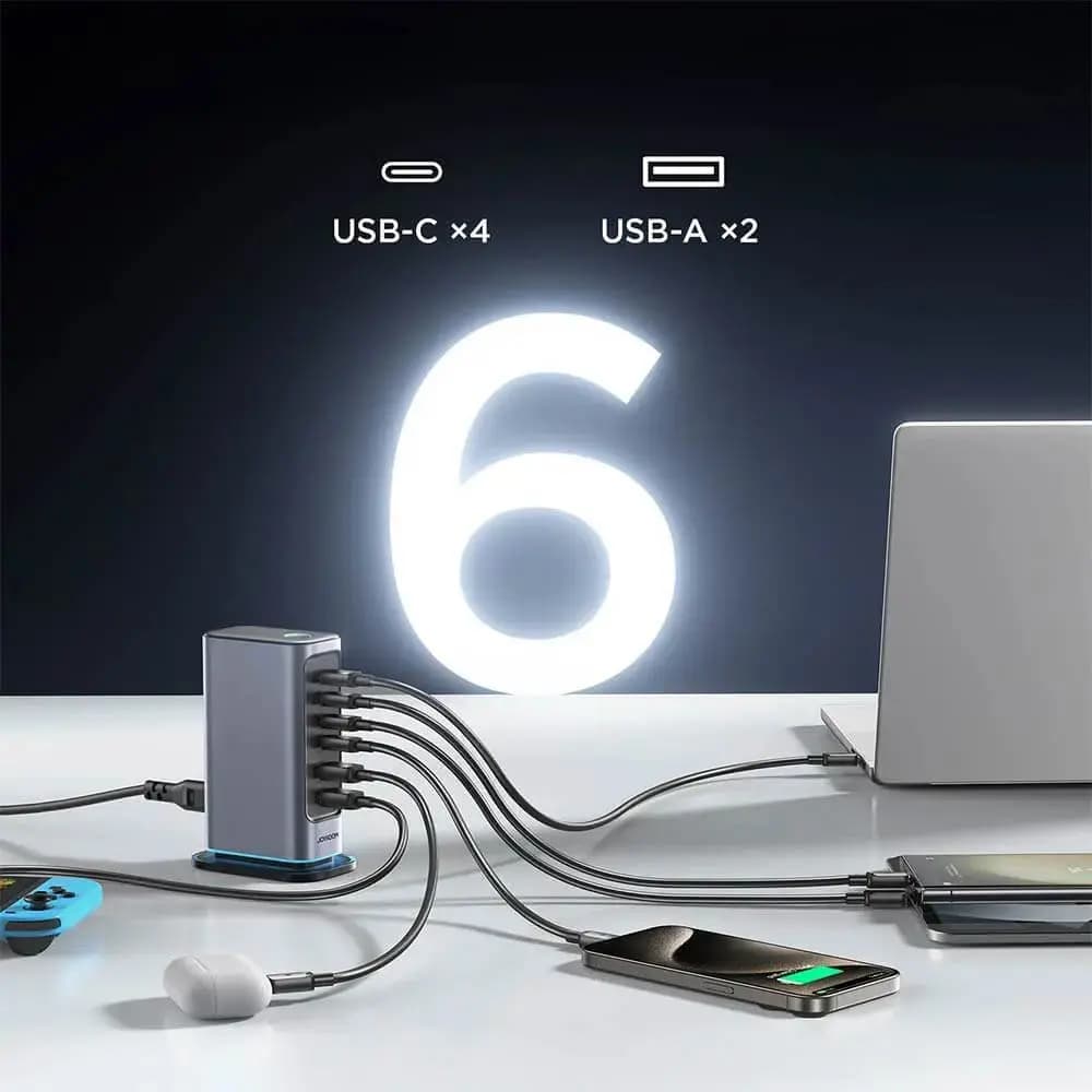Station de charge 65W GaN 6-en-1 USB-C & USB-A - Joyroom JR-TCM02 Gris Foncé - Vue 4