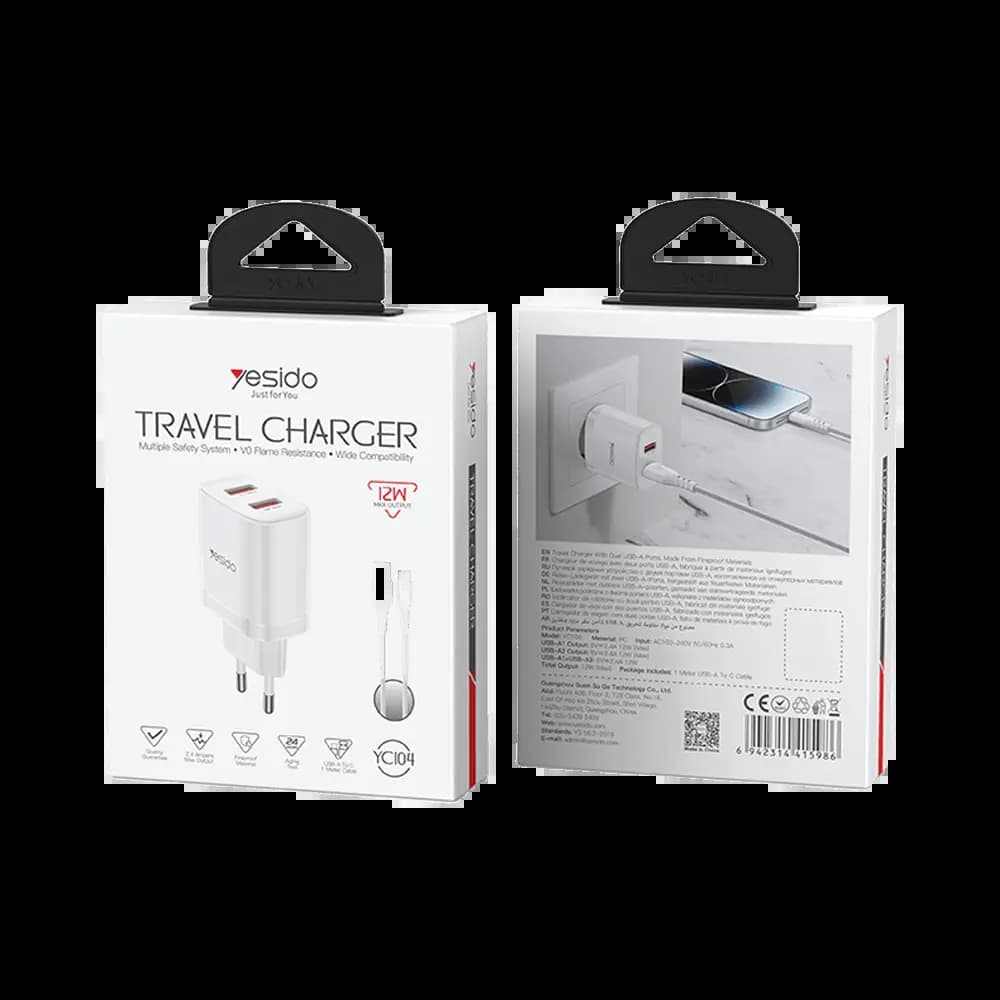 Chargeur secteur Yesido 12W avec double port USB-A et câble inclus - Blanc - Vue 16