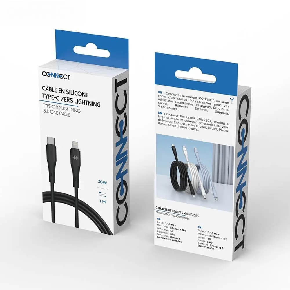 Câble Data USB-C vers Lightning CONNECT 30W (1m) Noir - Vue 3