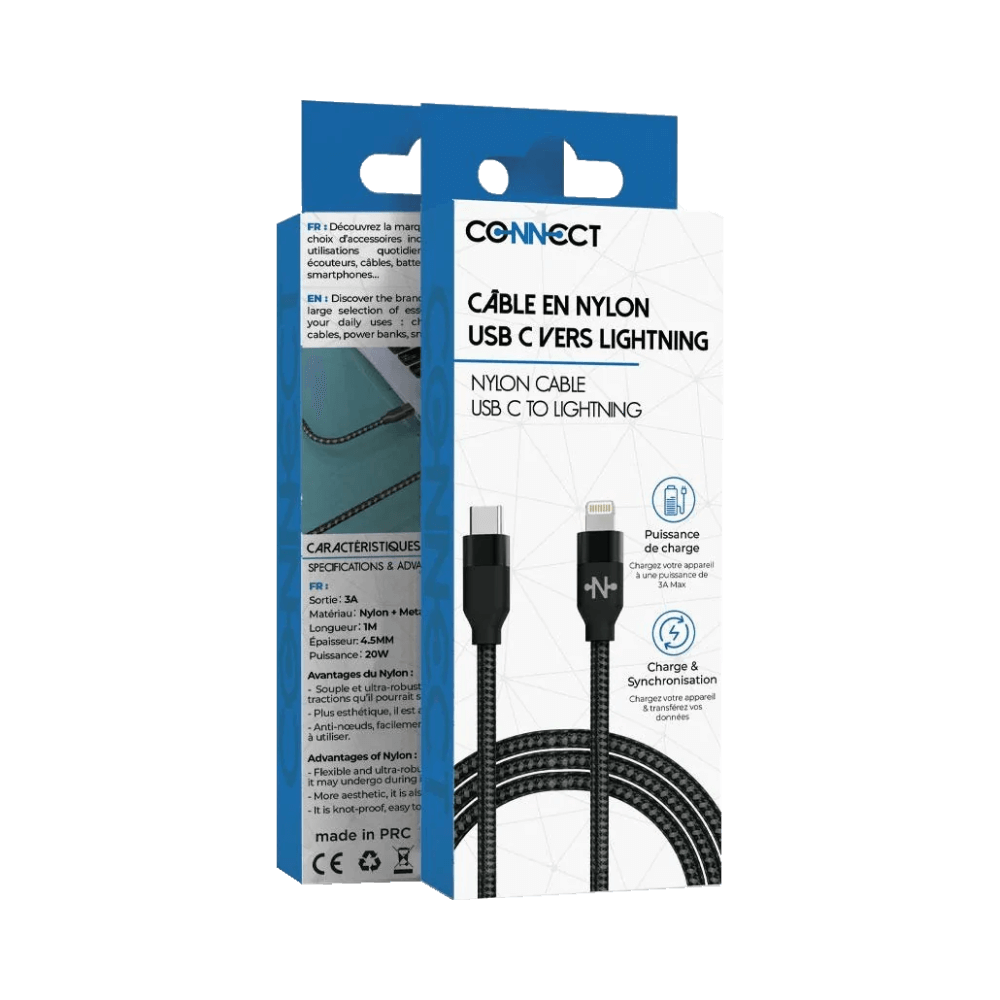 Câble Data Nylon Tressé USB-C vers Lightning CONNECT (1m) Noir - Vue 2