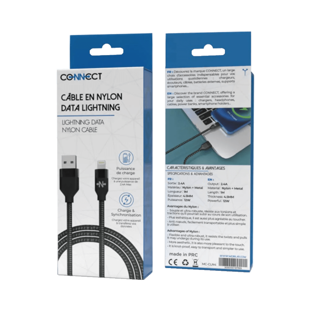 Câble Data Nylon Tressé USB vers Lightning CONNECT (1m) Noir - Vue 2