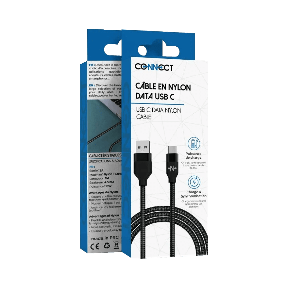Câble Data Nylon Tressé USB vers USB-C CONNECT (1m) Noir - Vue 2