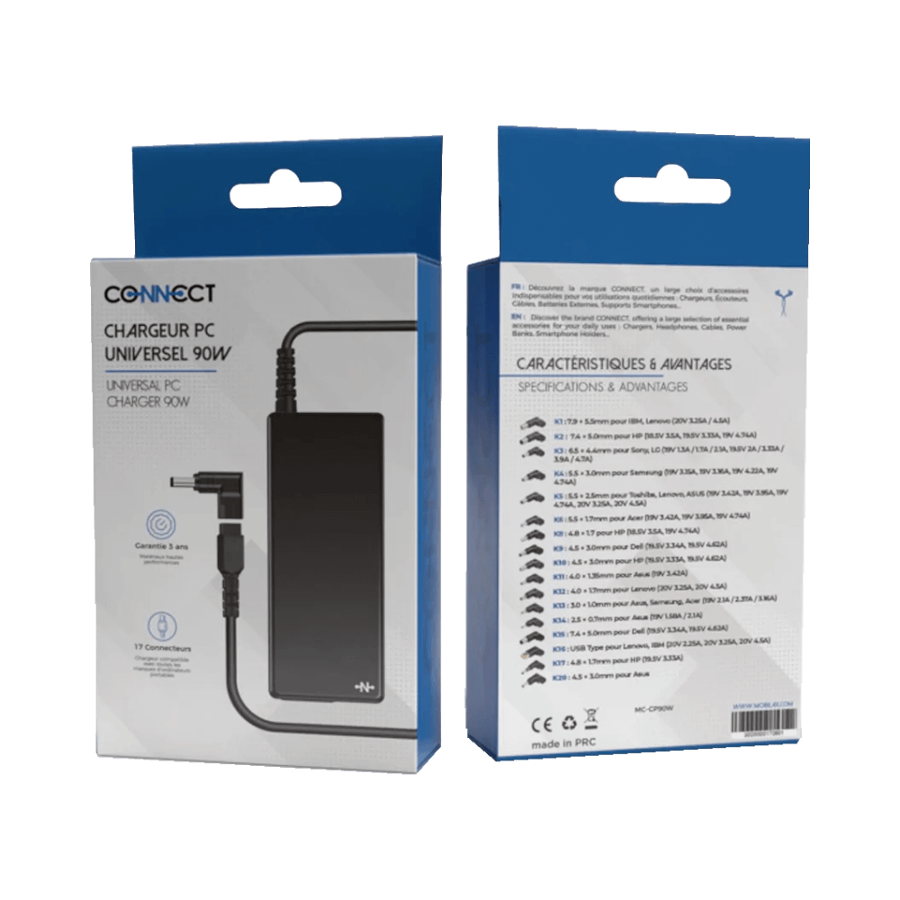 Chargeur PC universel 90W avec 17 embouts – CONNECT Noir - Vue 3
