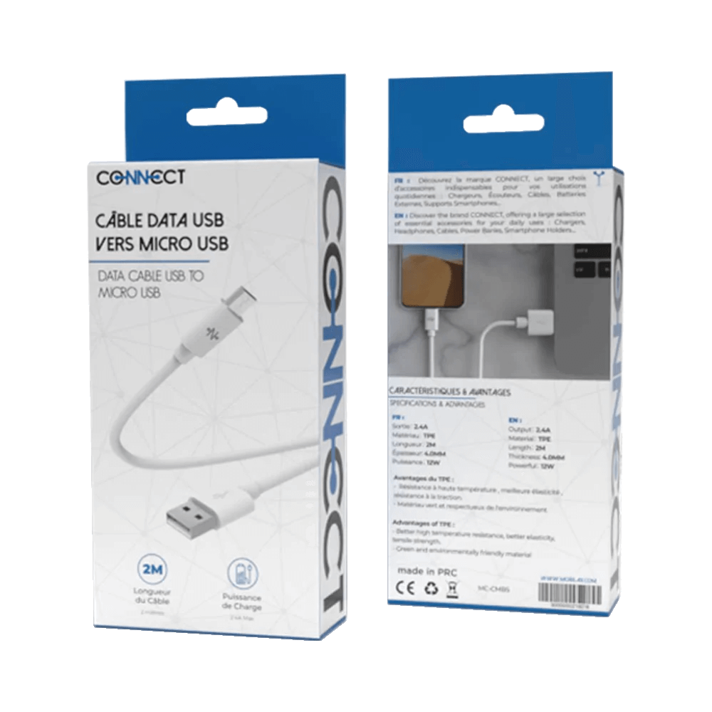 Câble Data USB vers Micro USB CONNECT (2m) Blanc - Vue 2