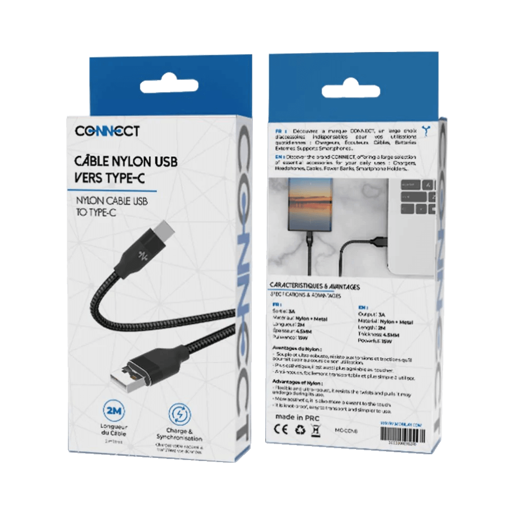 Câble Data Nylon Tressé USB vers USB-C CONNECT (2m) Noir - Vue 2