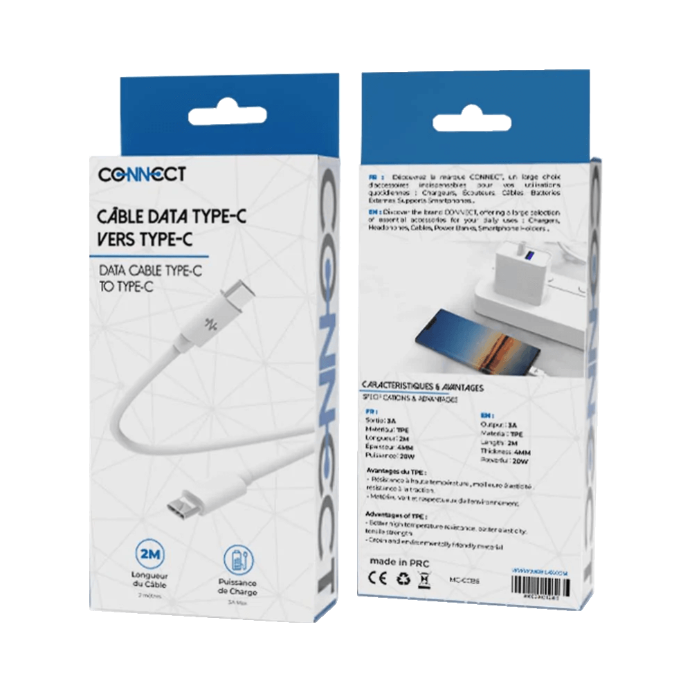 Câble Data USB-C vers USB-C CONNECT (2m) Blanc - Vue 2