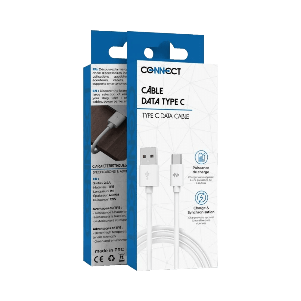 Câble Data USB vers USB-C CONNECT (1m) Blanc - Vue 2
