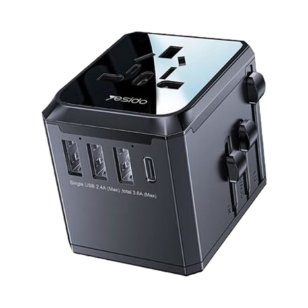 Adaptateur secteur universel avec 4 USB – Compatibilité mondiale – Yesido Noir - Vue 3