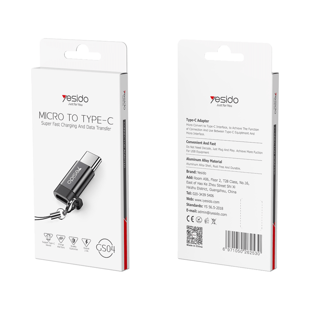 Adaptateur OTG Micro USB femelle vers USB-C mâle - charge et données - Yesido GS04 - Vue 3