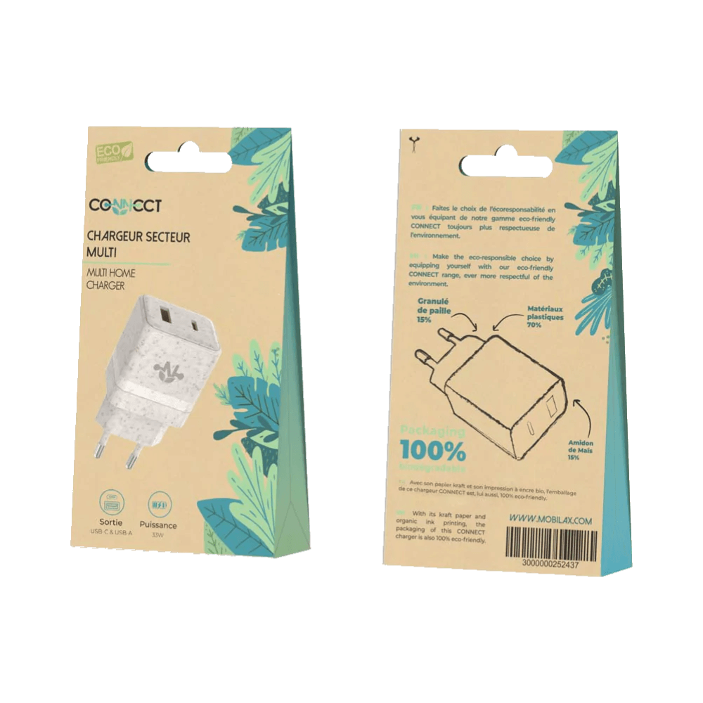Chargeur secteur éco-friendly 33W (USB-C + USB-A) – CONNECT Beige - Vue 2