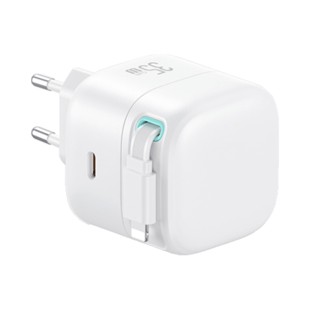 Chargeur secteur GaN 35W avec câble Lightning rétractable – Usams Blanc - Vue 2