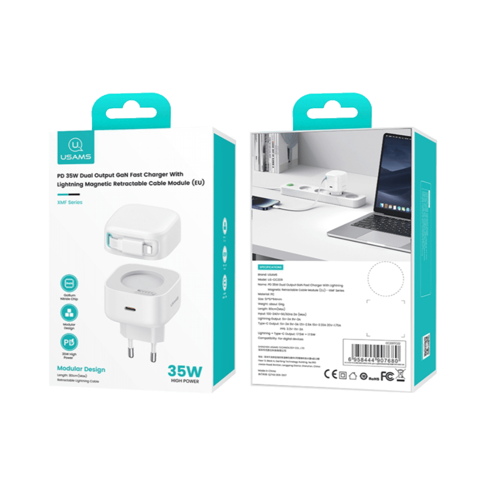 Chargeur secteur GaN 35W avec câble Lightning rétractable – Usams Blanc - Vue 3