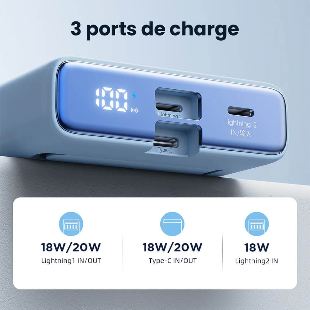 Batterie externe 10000mAh 20W avec charge sans fil 15W et écran digital – JOYROOM JR-PBM01 Blanc - Vue 85