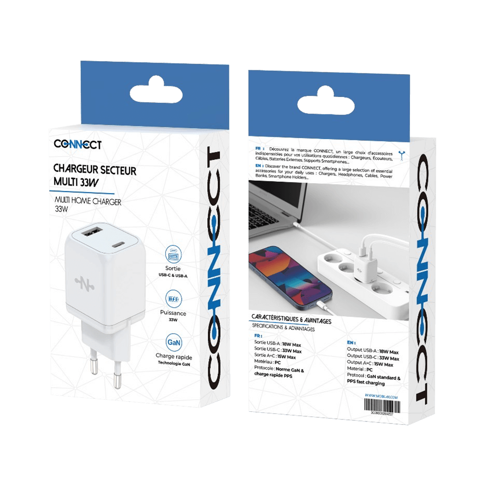 Chargeur secteur GaN 33W USB-C + USB-A – CONNECT Blanc - Vue 3