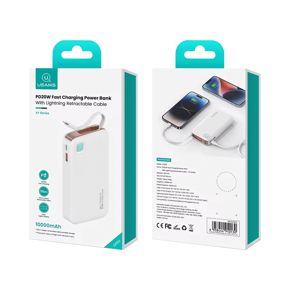 Batterie externe 10000mAh 20W avec câble Lightning rétractable et écran digital – Usams CD225 Blanc - Vue 9