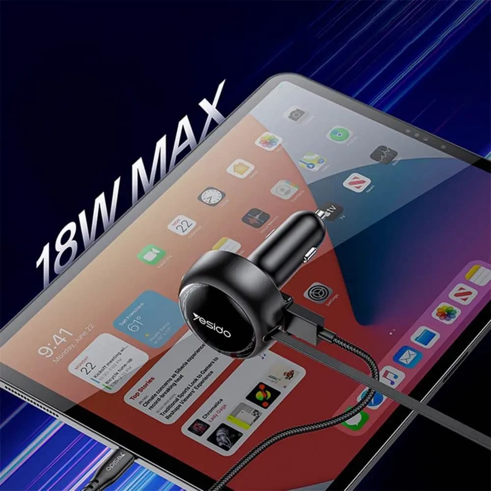 Chargeur Allume-Cigare Yesido 53W (avec Câble Rétractable Lightning + USB-C) Noir - Vue 10