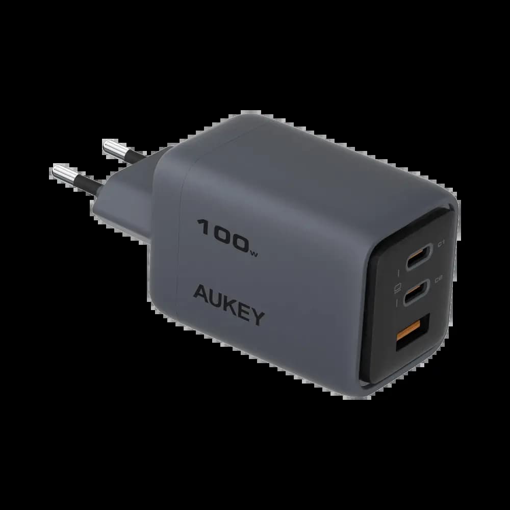 Chargeur secteur GaN 100W USB-C et USB-A recharge rapide 3 ports - AUKEY Comet Mix 3 Gris - Vue 3