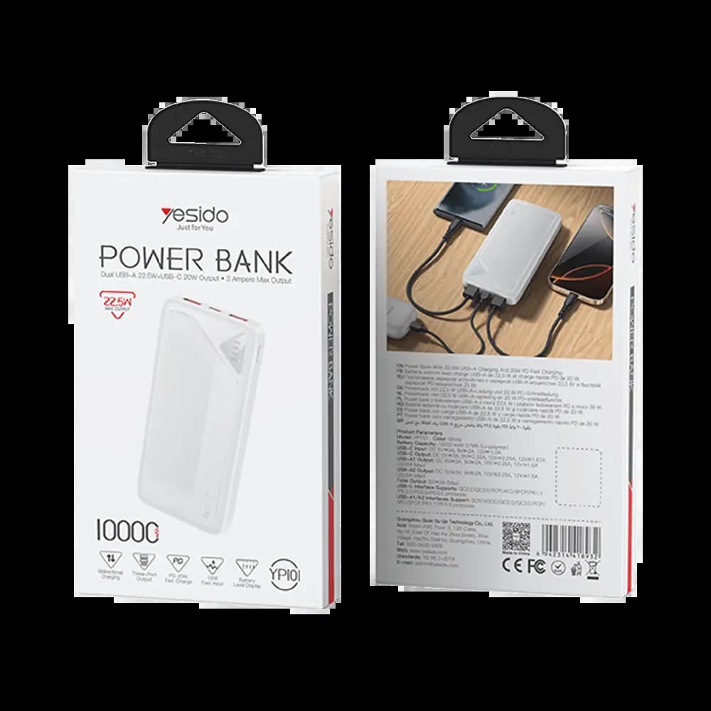Batterie externe 10000mAh 22.5W Yesido YP101 - Blanc - Vue 2