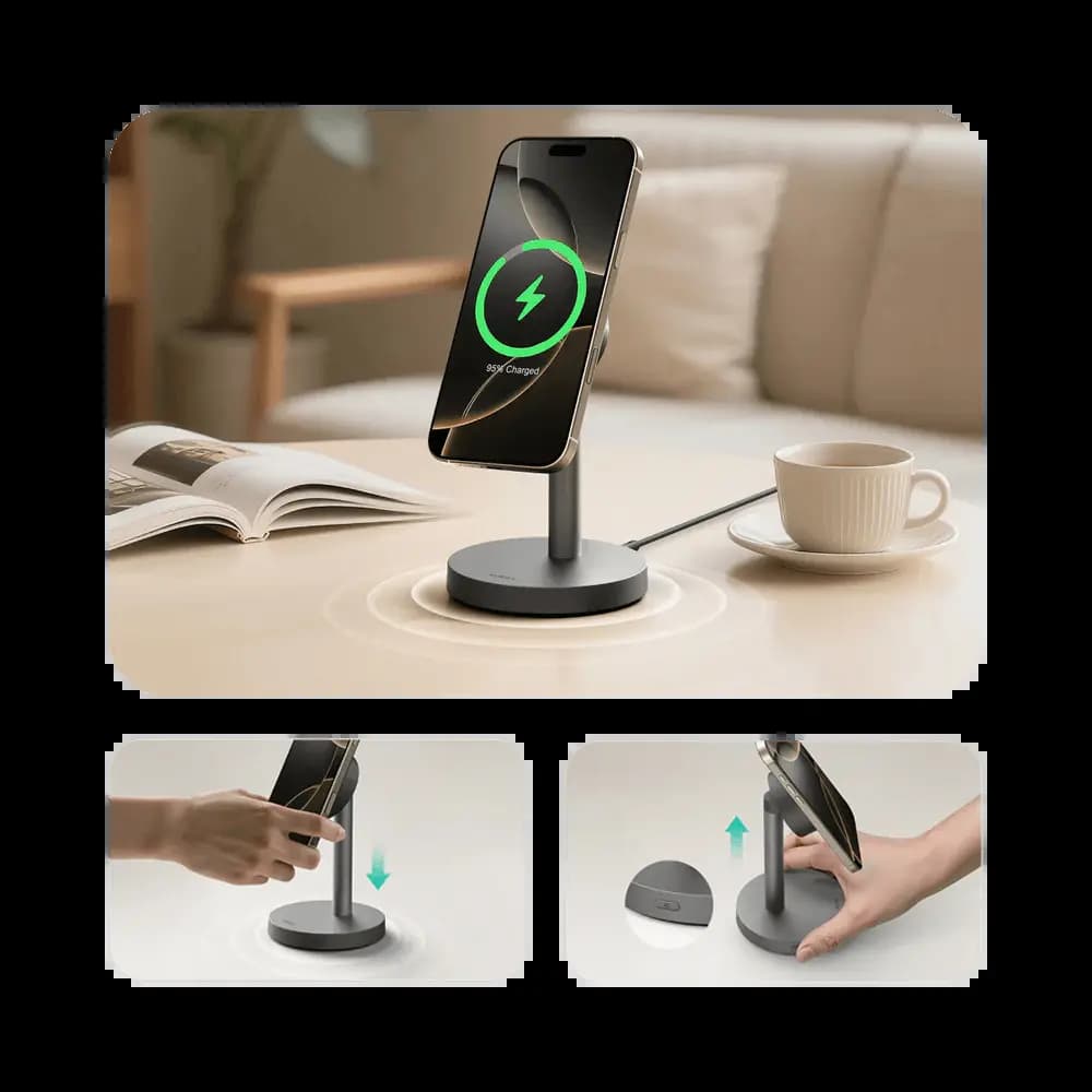 Station de charge sans fil Aukey Qi2.2 25W pour iPhone - Gris - Vue 3