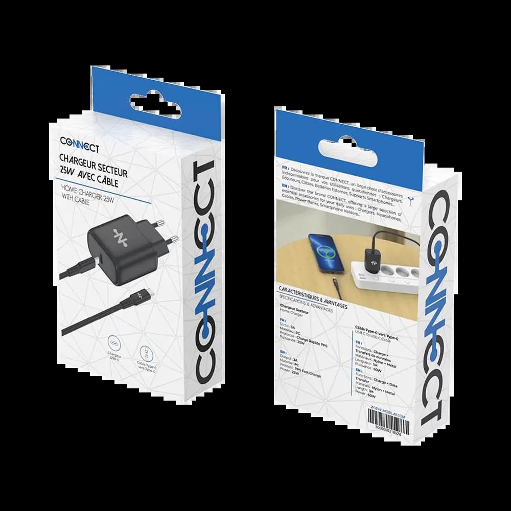 Chargeur secteur USB-C 25W avec câble USB-C – CONNECT Noir - Vue 21