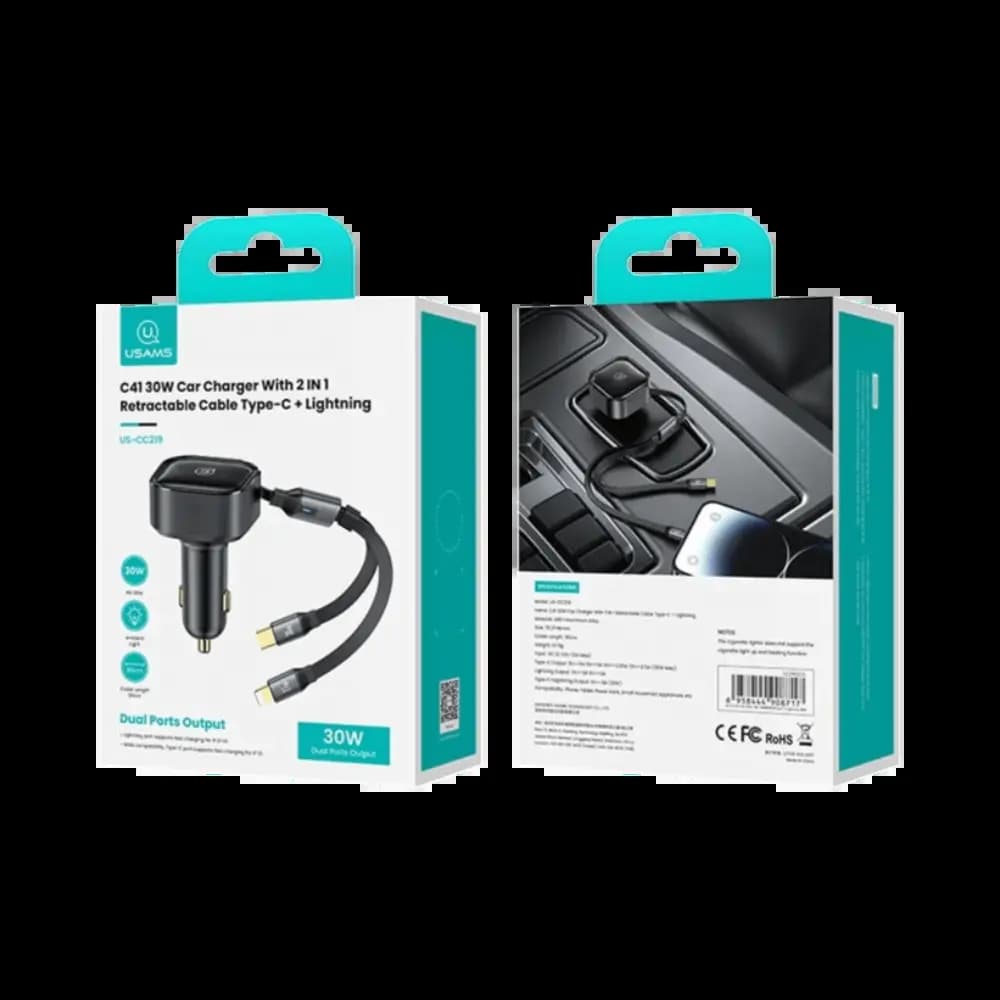Chargeur Allume-Cigare Usams 30W avec Cable Rétractable 2 en 1 (USB-C + Lightning) Noir - Vue 4