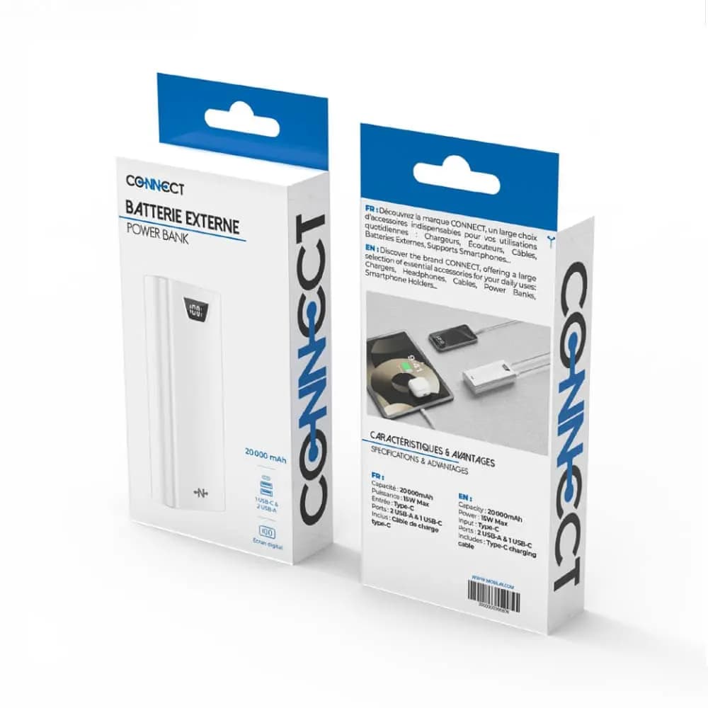 Batterie externe 20000mAh avec affichage digital et charge rapide 15 W – CONNECT MC-BE20B01 Blanc - Vue 18