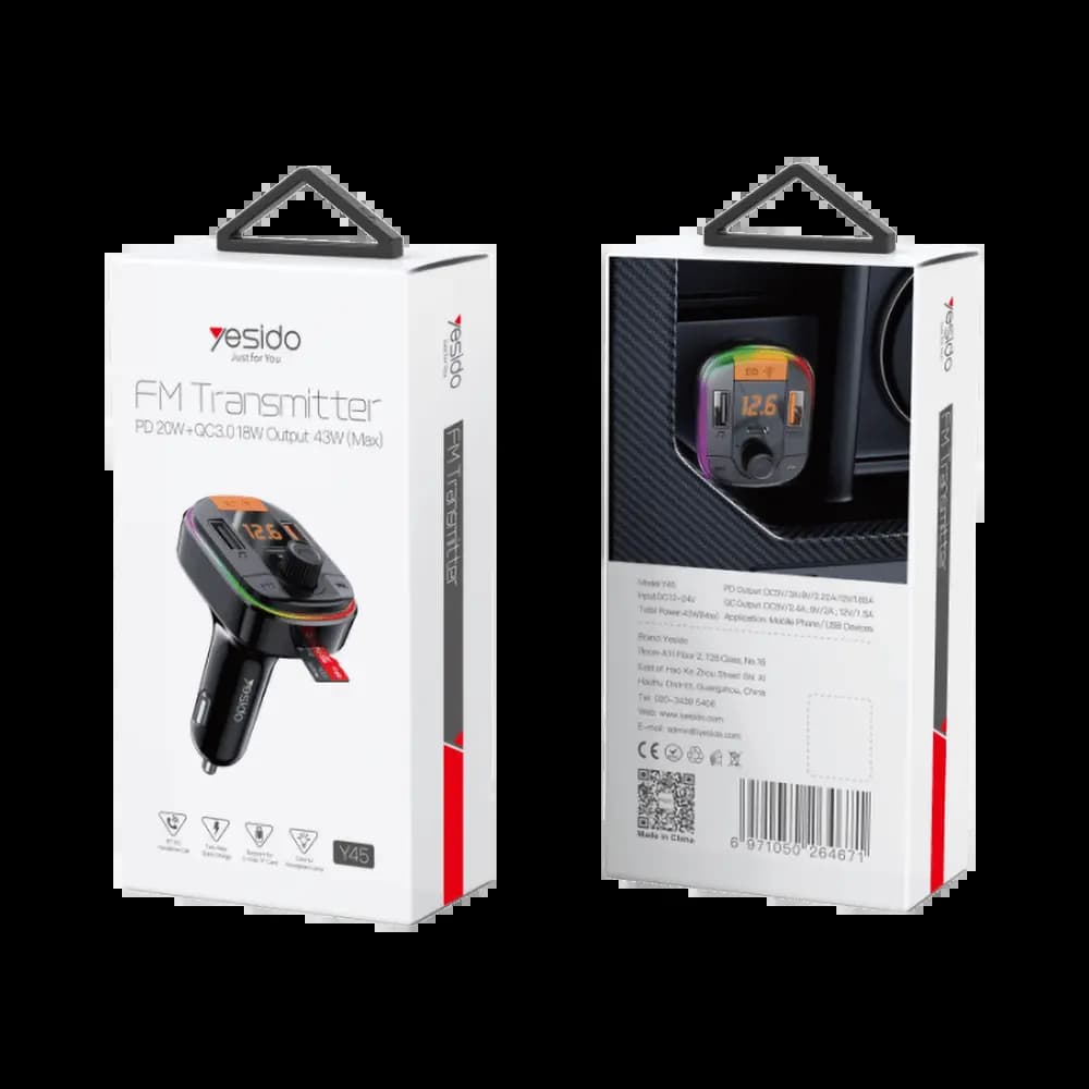 Transmetteur FM Bluetooth & Chargeur Voiture Yesido Y45 Noir - Vue 3