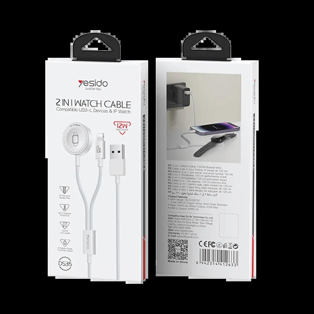 Câble de charge 2-en-1 Apple Watch + iPhone (Lightning) – Yesido Blanc - Vue 2