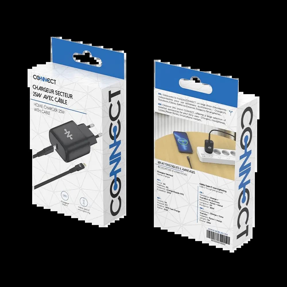 Chargeur Secteur Type-C CONNECT Charge Rapide 25W avec Câble Data Type-C vers Lightning (1m) Noir - Vue 3