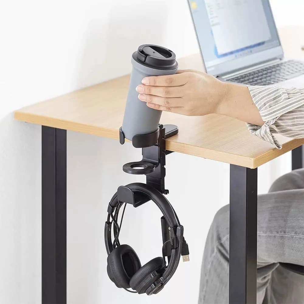 Porte-Gobelet de Bureau avec Support Casque Intégré Noir - Vue 5
