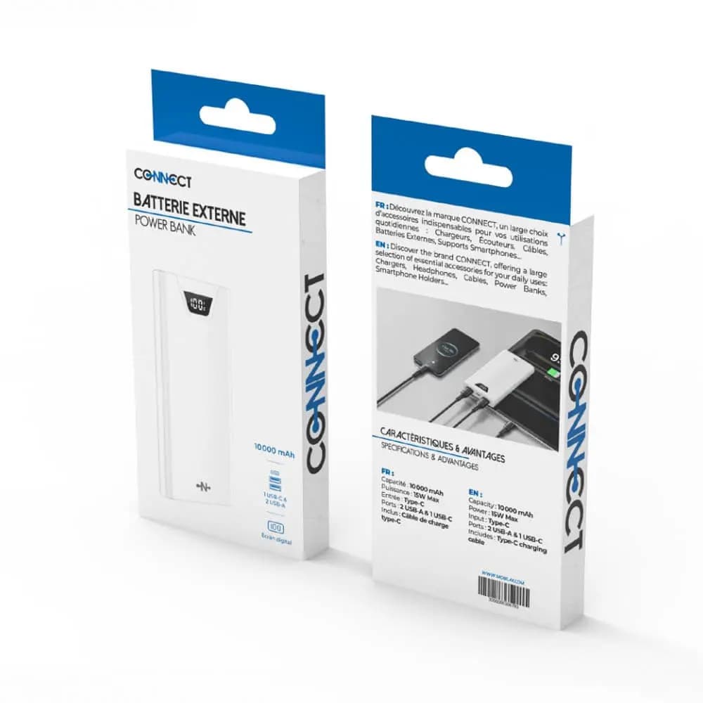 Batterie externe 10000mAh avec affichage digital et charge rapide 15W – CONNECT MC-BE10B01 Blanc - Vue 18