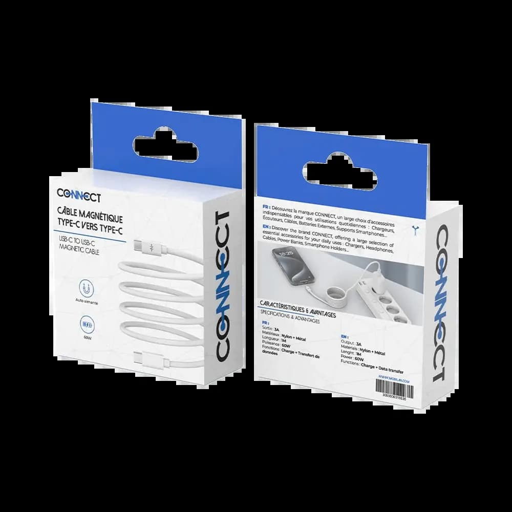 Câble Data USB-C vers USB-C CONNECT 60W Magnétique (1m) Blanc - Vue 3