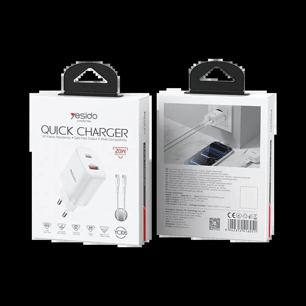 Chargeur secteur Yesido 20W GaN avec double port et câble USB-C - Blanc - Vue 2