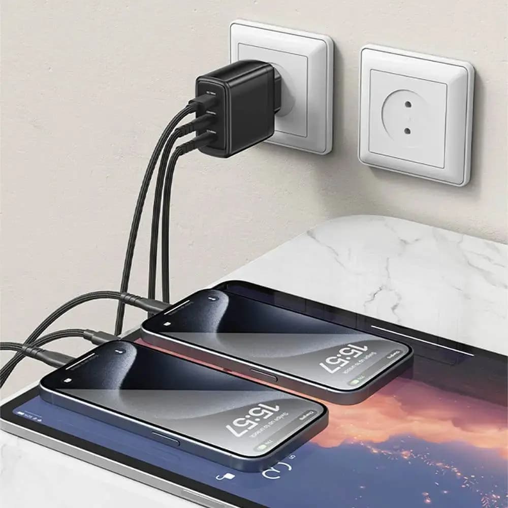 Chargeur secteur GaN 65W (2 USB-C + USB-A) – Yesido Noir - Vue 4
