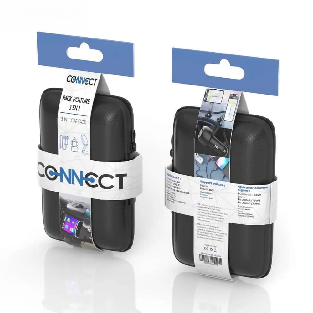 Pack voiture 3-en-1 : support magnétique + chargeur rapide 48W + câble universel - CONNECT Noir - Vue 2