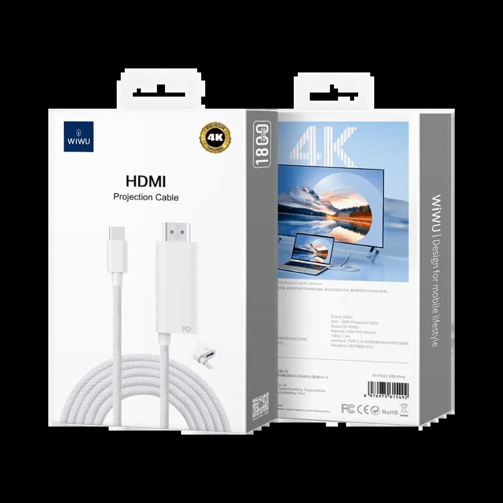 Câble USB-C vers HDMI Wiwu WI-PS001 4K avec port de charge 100W 1,8m - Blanc - Vue 2