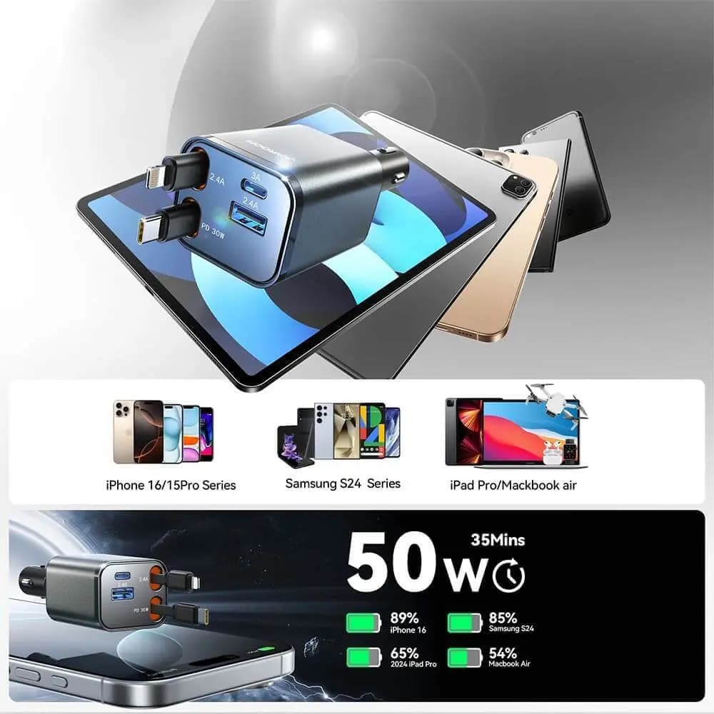 Chargeur Allume-Cigare JOYROOM 4 en 1 (avec Câble Rétractable USB-C + Lightning) 50W Gris Foncé - Vue 25