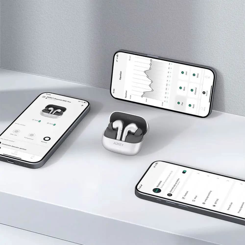 Écouteurs sans fil Aukey ANC hybride avec réduction de bruit active - Argent Métallique - Vue 4