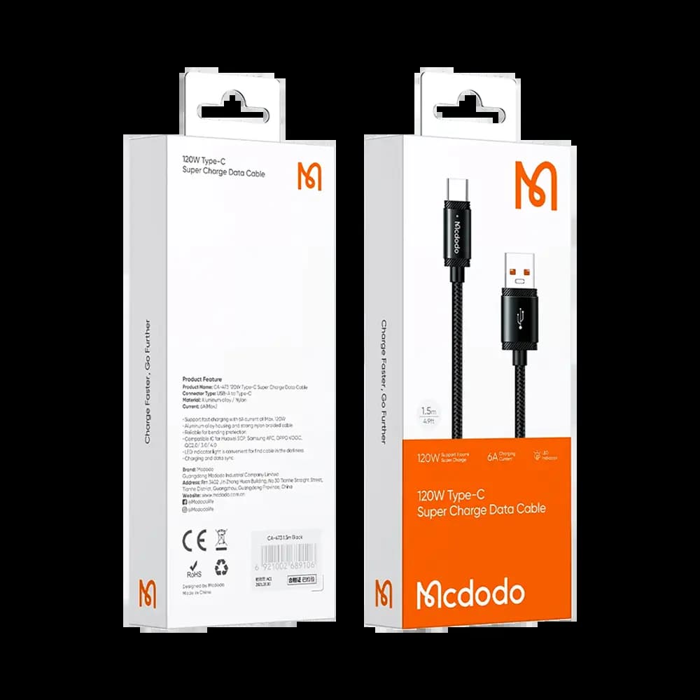 Câble Data USB vers USB-C Mcdodo 120W (avec LED) 1.5m Noir - Vue 4