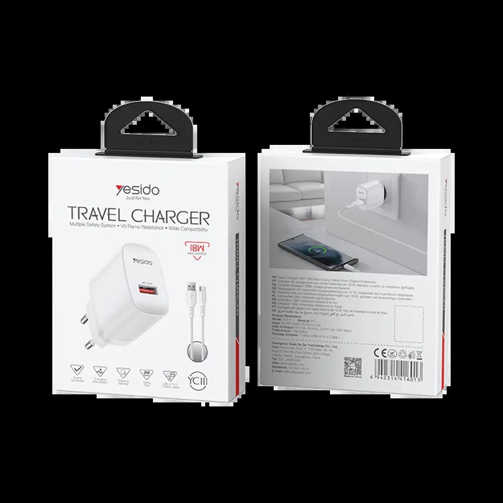 Chargeur secteur Yesido 18W Quick Charge 3.0 avec câble USB-C tressé - Blanc - Vue 2