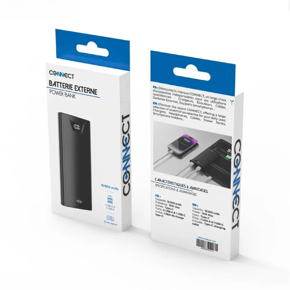 Batterie externe 10000mAh avec affichage digital et charge rapide 15W – CONNECT MC-BE10N01 Noir - Vue 18