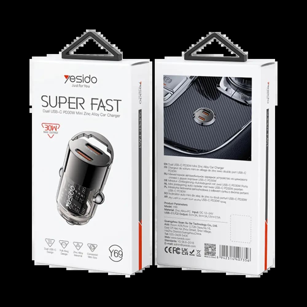 Chargeur Allume-Cigare Yesido SUPER FAST (2x USB-C PD30W) Noir - Vue 3