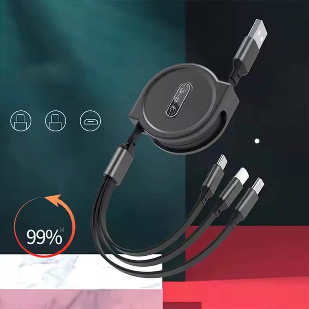 Câble de charge rétractable USB vers USB-C / Micro-USB / Lightning 1.1m - Noir - Vue 3