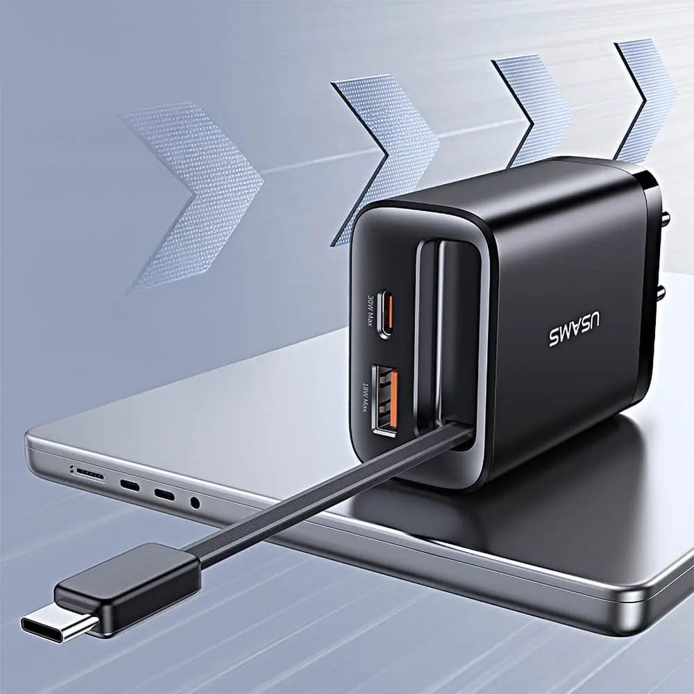 Chargeur secteur GaN 30W avec câble USB-C rétractable et ports USB-C/USB-A – USAMS Blanc - Vue 7