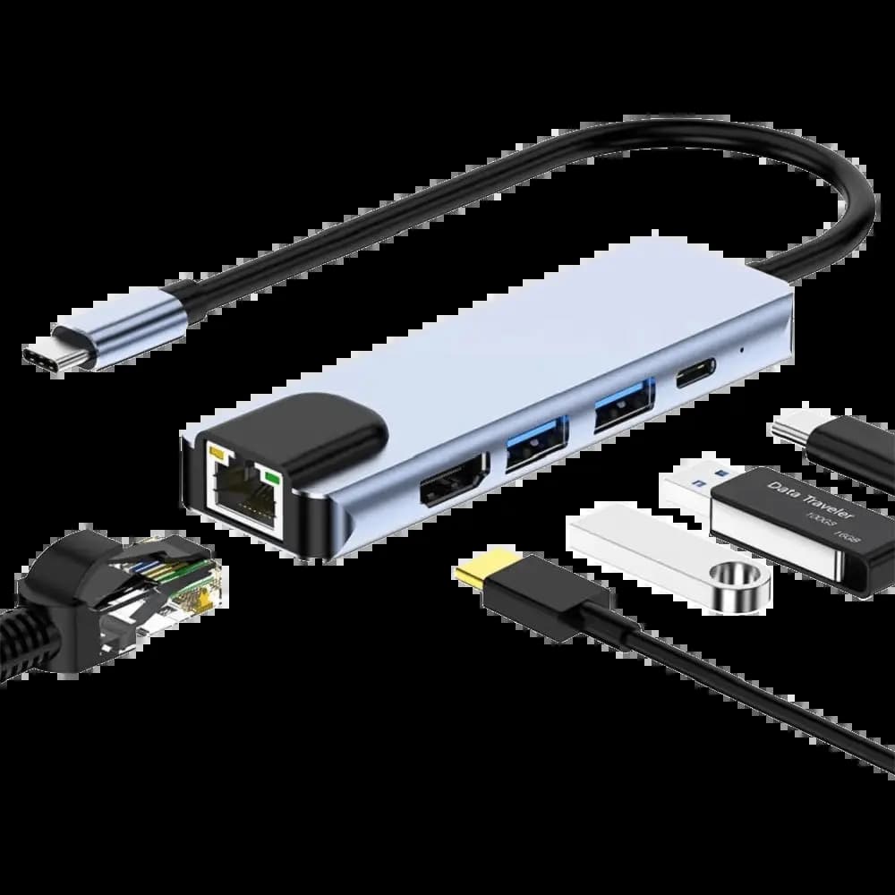Hub USB-C (5-en-1) vers HDMI 4K + Ethernet RJ45 + USB-C + USB-A x2 - Gris - Vue 4