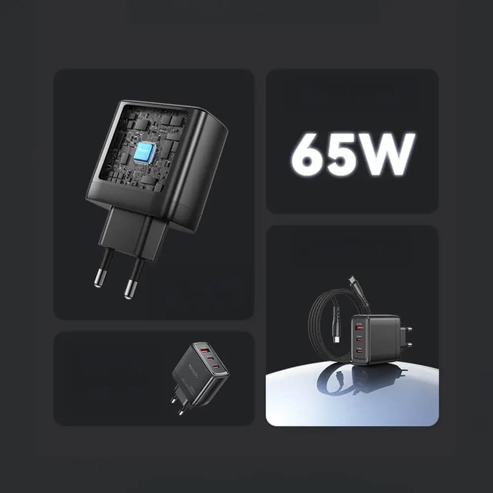 Chargeur secteur GaN 65W (2 USB-C + USB-A) – Yesido Noir - Vue 3