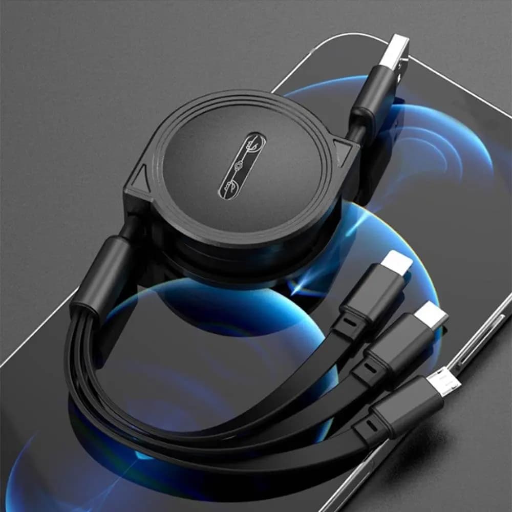 Câble de charge rétractable USB vers USB-C / Micro-USB / Lightning 1.1m - Noir - Vue 2