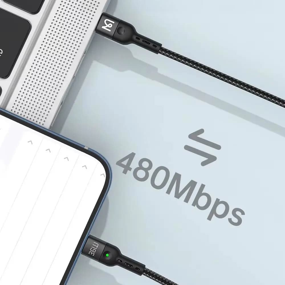 Câble USB-C vers Lightning spirale 36W 1.8m avec LED – Mcdodo CA-1960 Noir - Vue 4