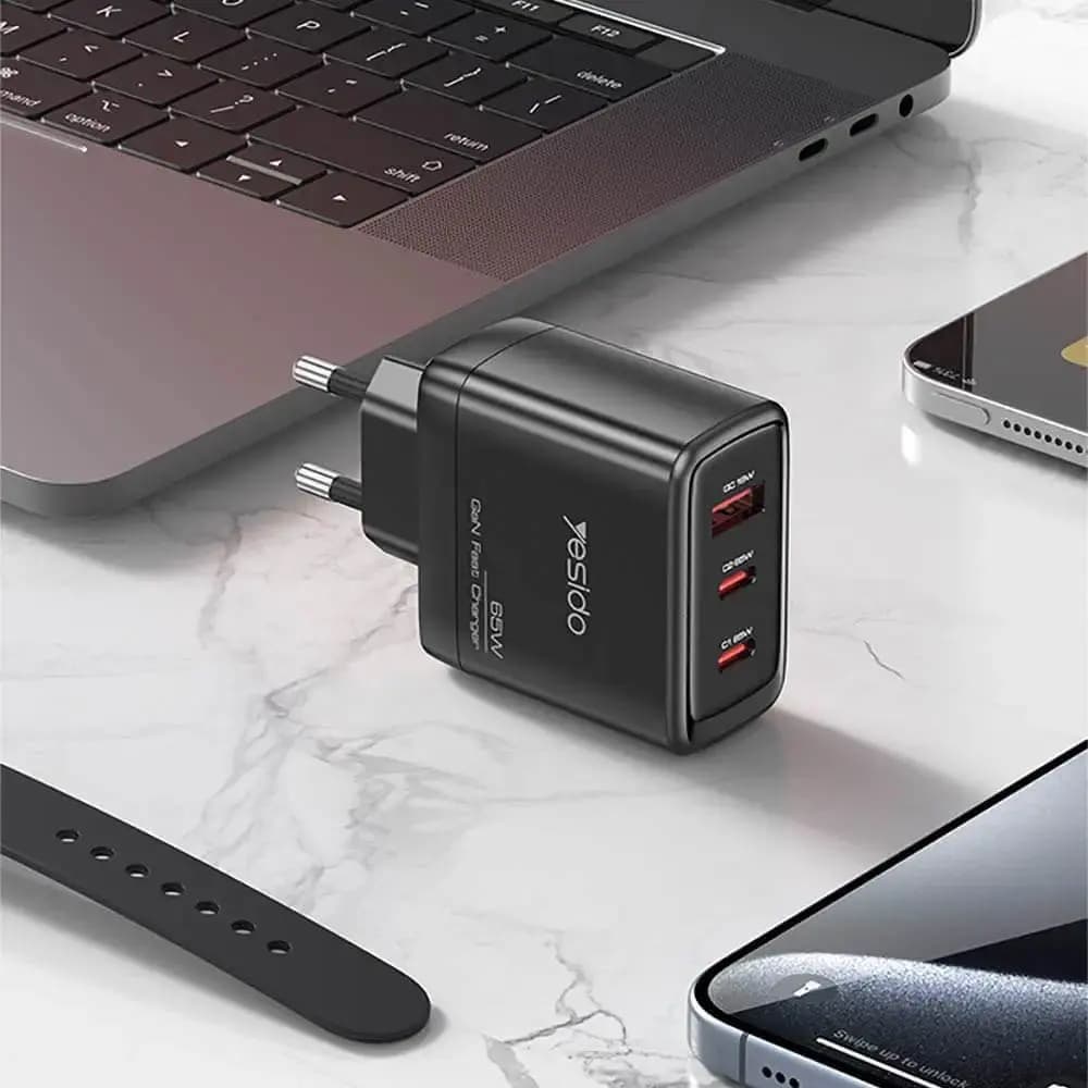 Chargeur secteur GaN 65W (2 USB-C + USB-A) – Yesido Noir - Vue 2